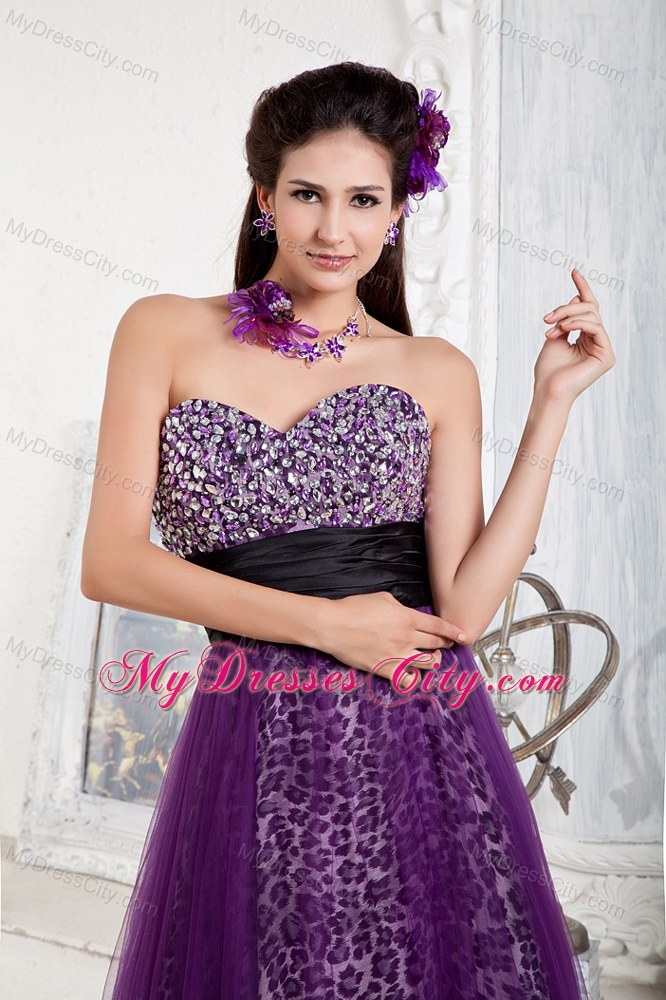 Beaded Sweetheart Leopard Pageant Gown Overlaid with Purple Tulle