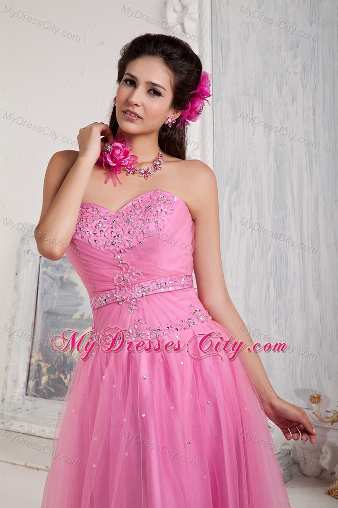 Rose Pink Tulle and Sweet Heart Pageant Dress with Beading