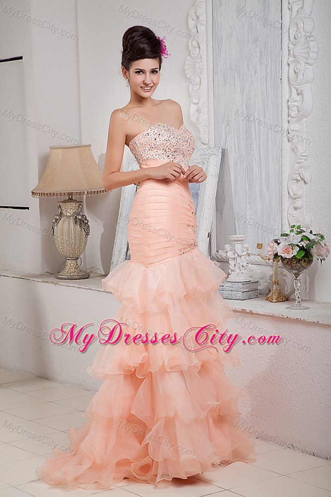 Informal Baby Pink Column Prom Dress Sweetheart Organza Beading Floor-length