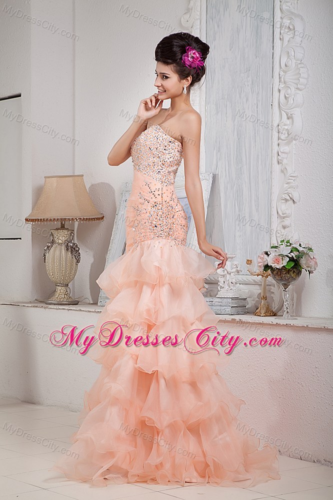 Informal Baby Pink Column Prom Dress Sweetheart Organza Beading Floor-length