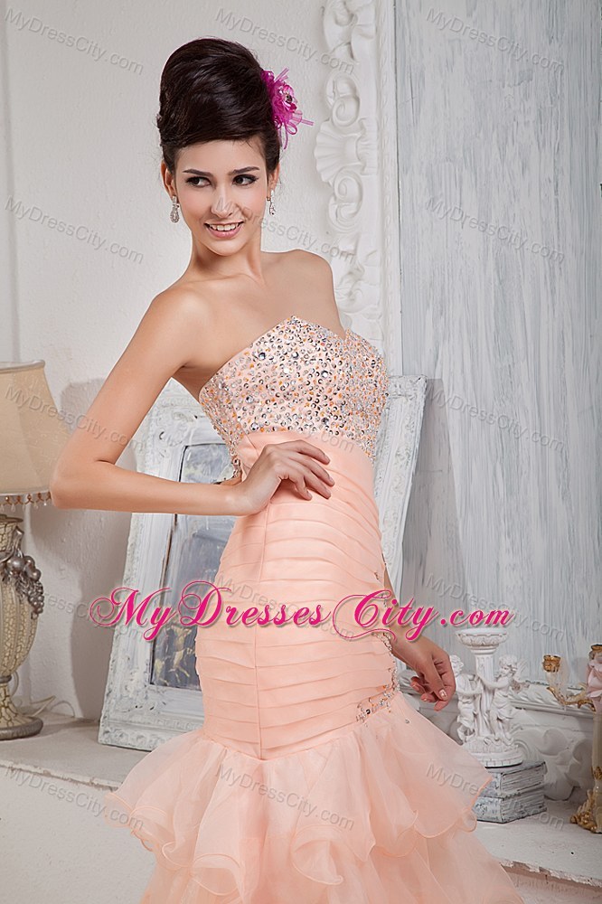 Informal Baby Pink Column Prom Dress Sweetheart Organza Beading Floor-length