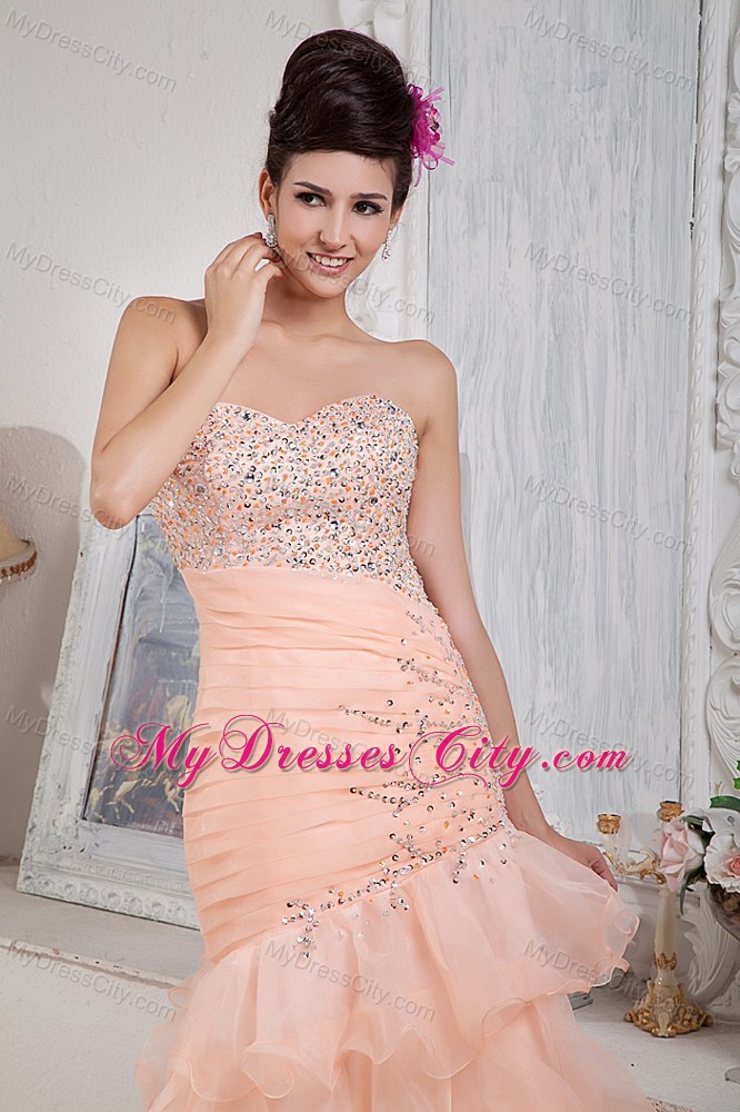 Informal Baby Pink Column Prom Dress Sweetheart Organza Beading Floor-length