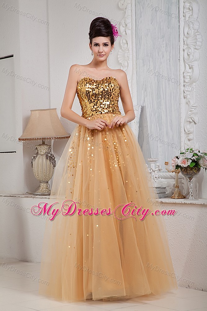 2013 Gold Custom Made Prom / Celebrity Dress Column Sweetheart Floor-length Tulle Sequins