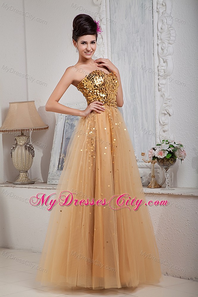 2013 Gold Custom Made Prom / Celebrity Dress Column Sweetheart Floor-length Tulle Sequins