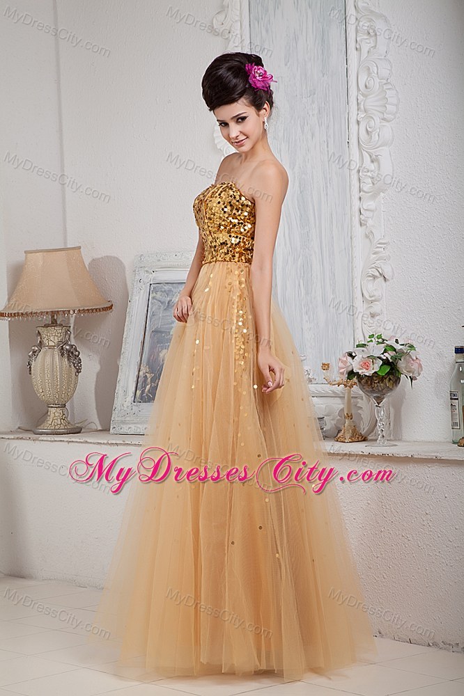 2013 Gold Custom Made Prom / Celebrity Dress Column Sweetheart Floor-length Tulle Sequins