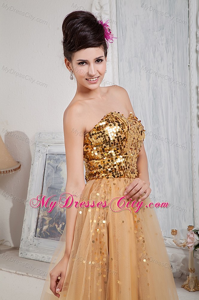 2013 Gold Custom Made Prom / Celebrity Dress Column Sweetheart Floor-length Tulle Sequins