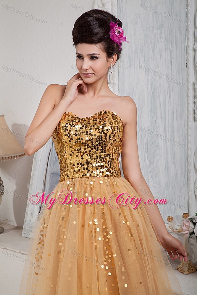 2013 Gold Custom Made Prom / Celebrity Dress Column Sweetheart Floor-length Tulle Sequins