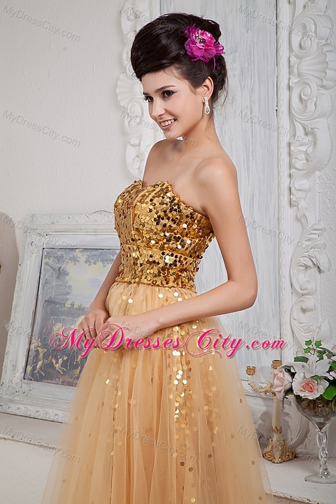 2013 Gold Custom Made Prom / Celebrity Dress Column Sweetheart Floor-length Tulle Sequins