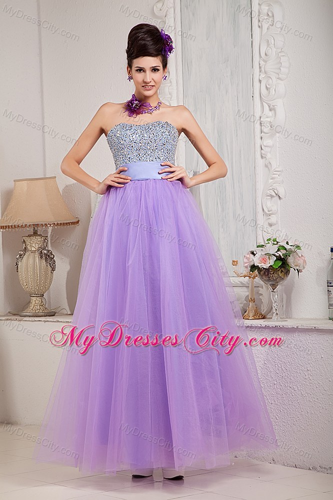 Strapless Lavender A-line Tulle Prom Pageant Dress Beaded