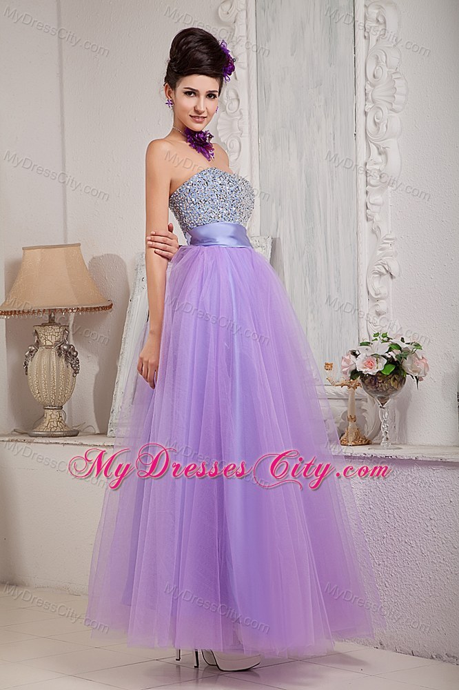 Strapless Lavender A-line Tulle Prom Pageant Dress Beaded