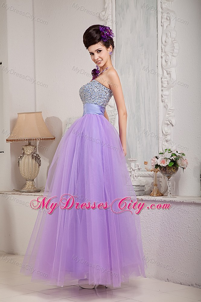 Strapless Lavender A-line Tulle Prom Pageant Dress Beaded