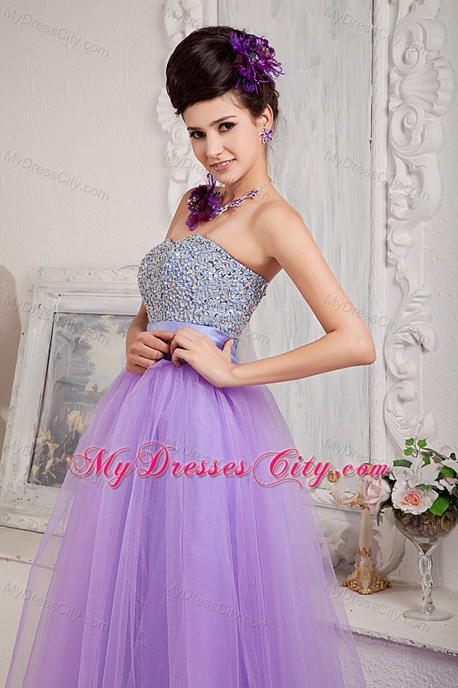 Strapless Lavender A-line Tulle Prom Pageant Dress Beaded