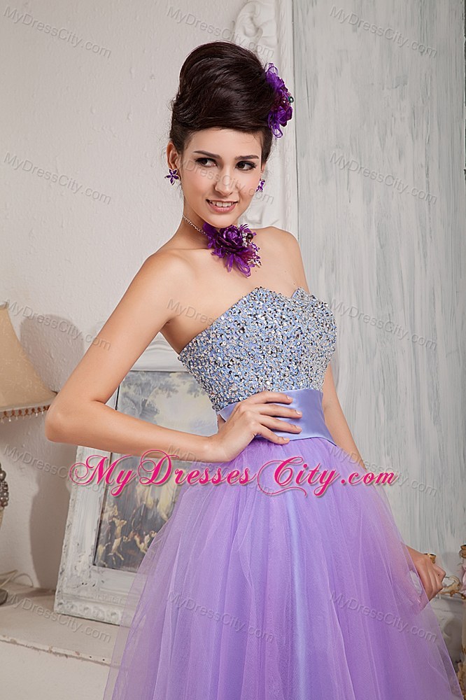 Strapless Lavender A-line Tulle Prom Pageant Dress Beaded