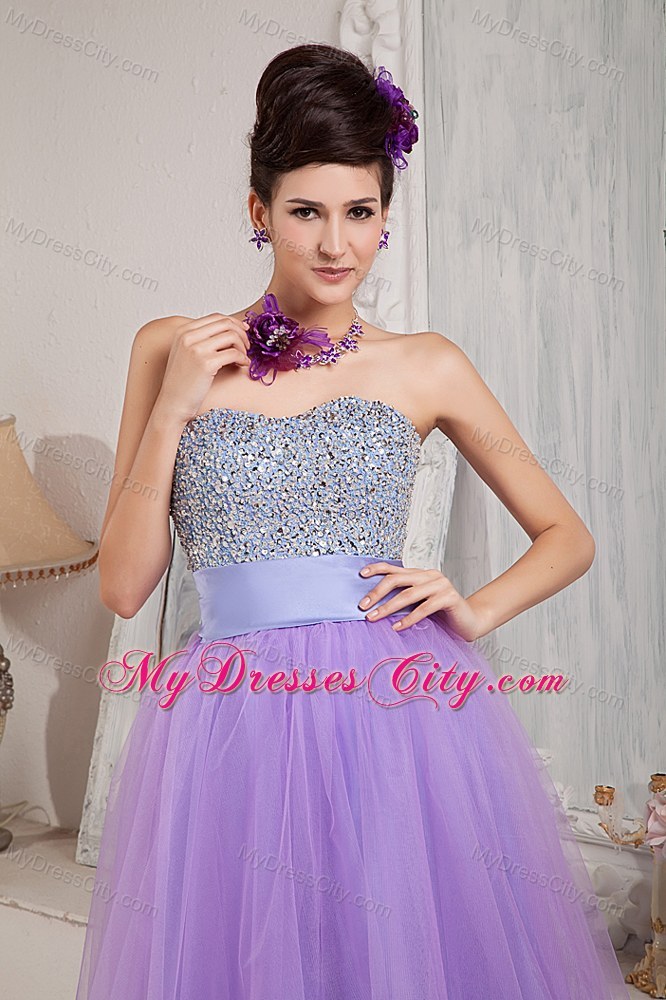 Strapless Lavender A-line Tulle Prom Pageant Dress Beaded