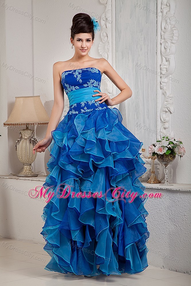 Strapless Blue Organza Prom Pageant Dress with Ruffled Layer