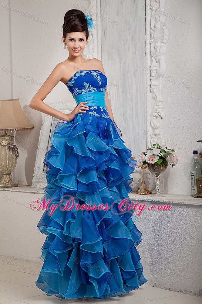 Strapless Blue Organza Prom Pageant Dress with Ruffled Layer