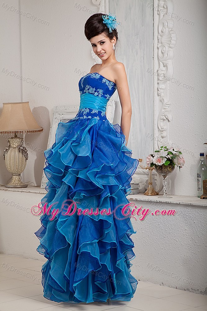 Strapless Blue Organza Prom Pageant Dress with Ruffled Layer