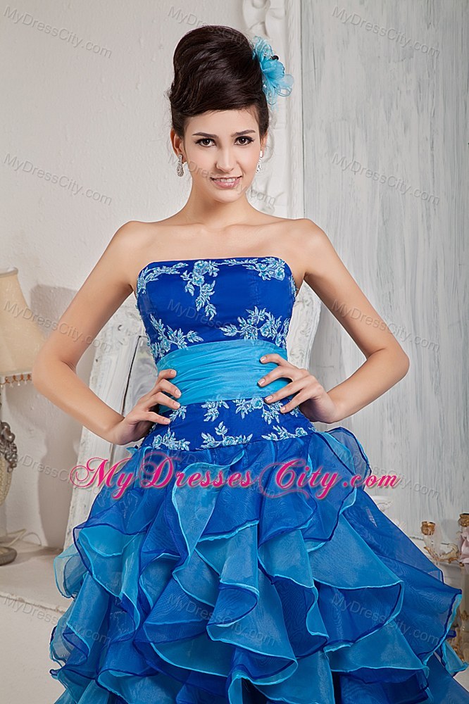 Strapless Blue Organza Prom Pageant Dress with Ruffled Layer