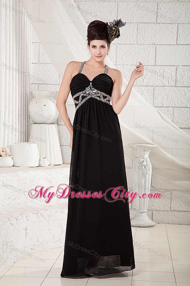 Floor-length Black Chiffon Beaded Pageant Dress with straps