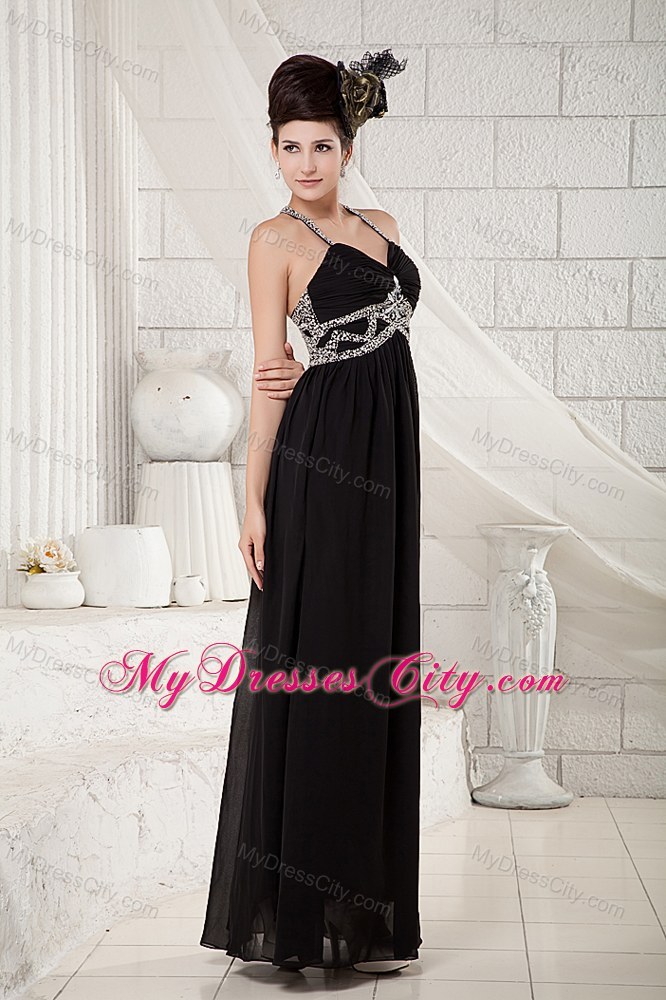 Floor-length Black Chiffon Beaded Pageant Dress with straps