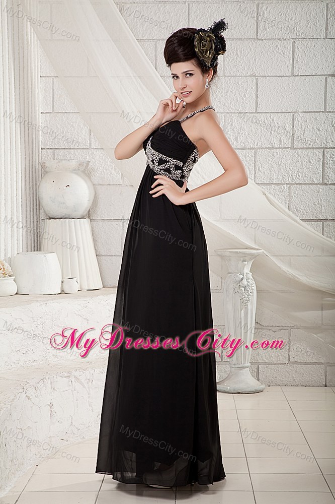 Floor-length Black Chiffon Beaded Pageant Dress with straps