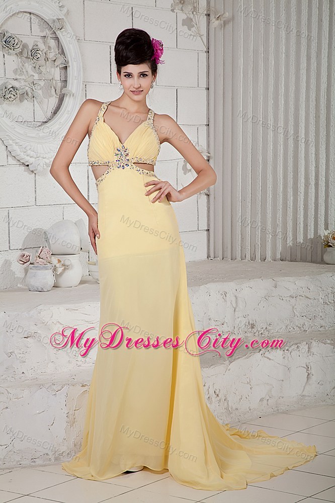 Light Yellow Empire Pageant Dress with Cut Out Waist