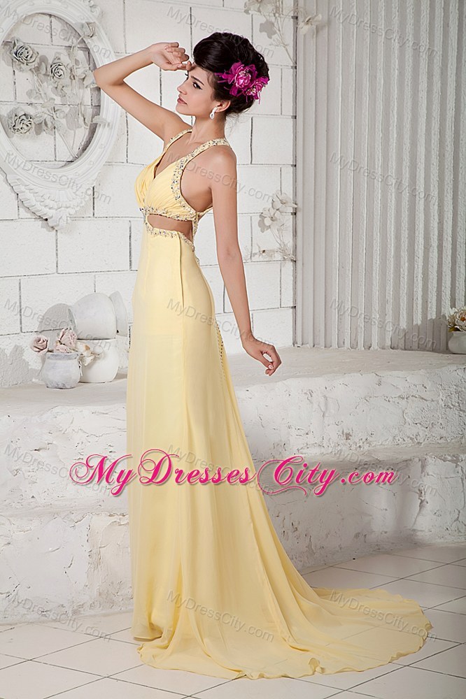 Light Yellow Empire Pageant Dress with Cut Out Waist