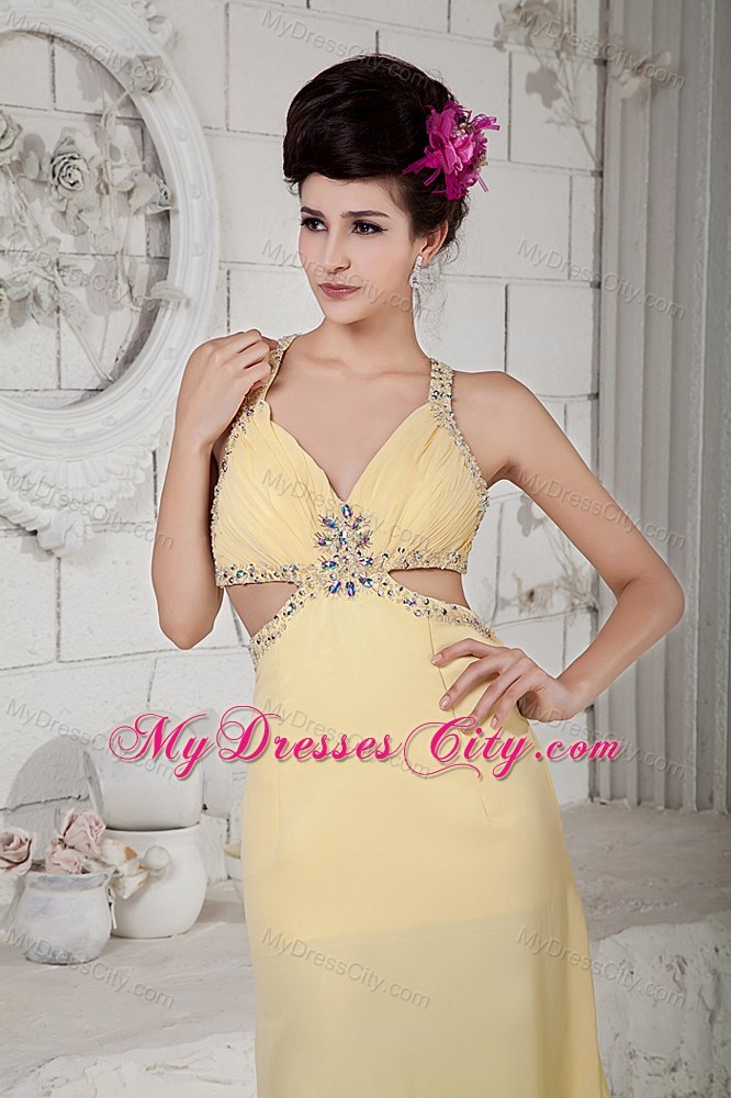 Light Yellow Empire Pageant Dress with Cut Out Waist