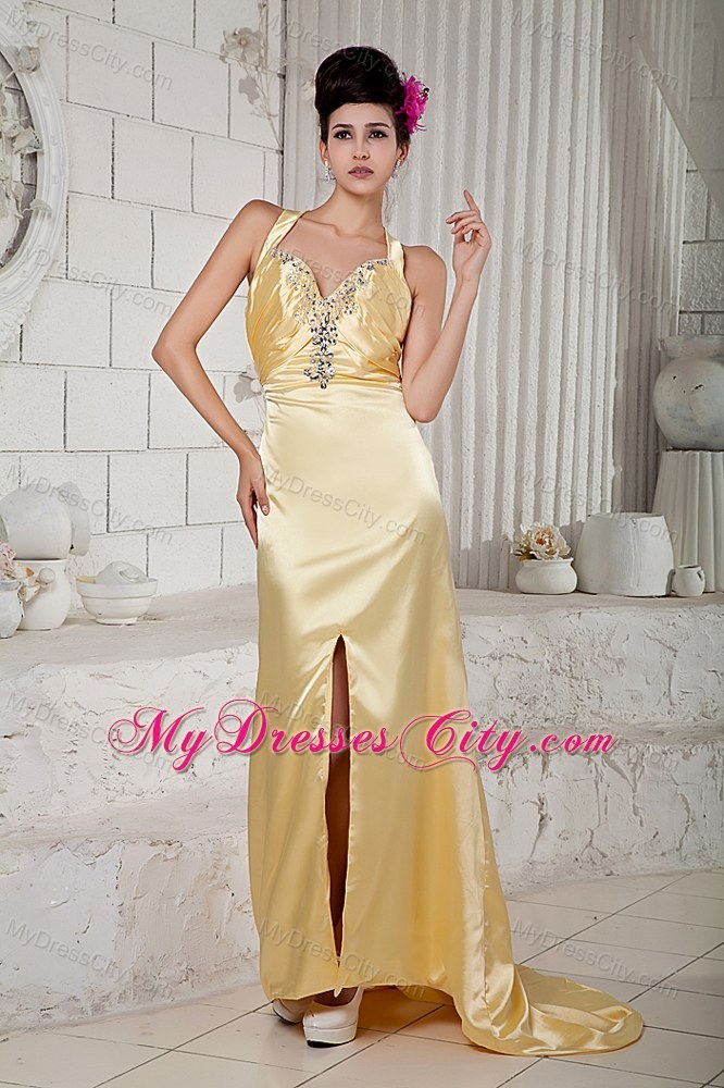 Gold Brush Train Beaded Prom Pageant Gown with Straps