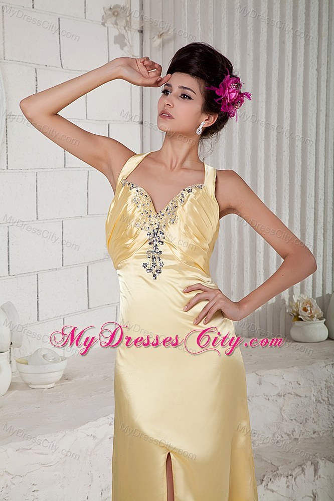 Gold Brush Train Beaded Prom Pageant Gown with Straps