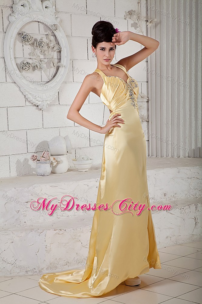 Gold Brush Train Beaded Prom Pageant Gown with Straps