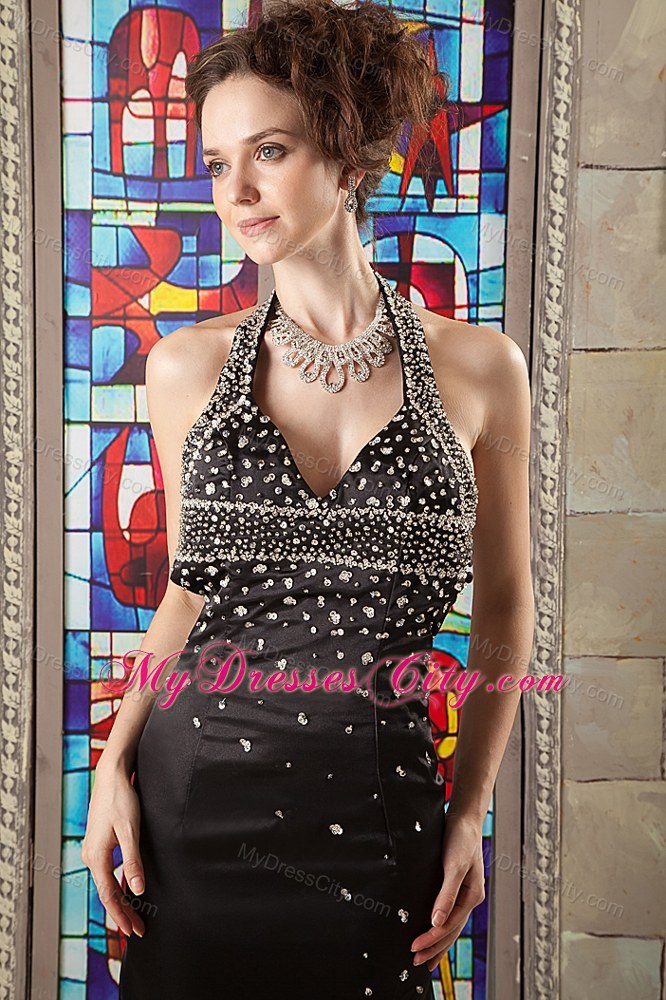 Black Beaded Taffeta Pageant Dress with Plunging Neckline