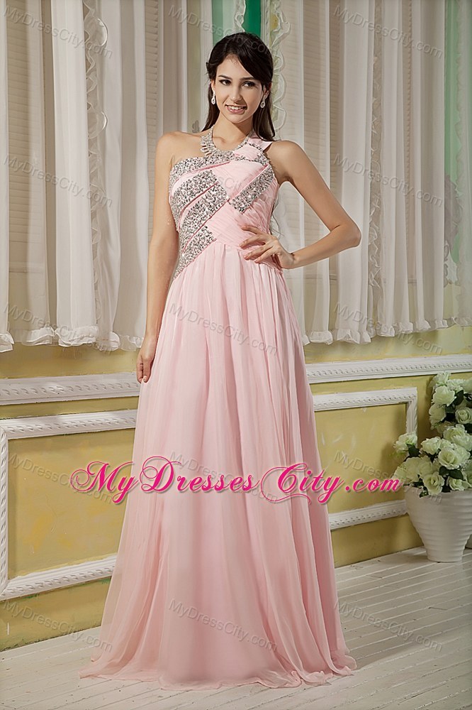 Baby Pink Floor-length Asymmetrical Chiffon Pageant Dress with Beading