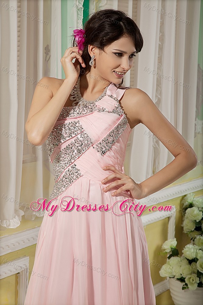 Baby Pink Floor-length Asymmetrical Chiffon Pageant Dress with Beading