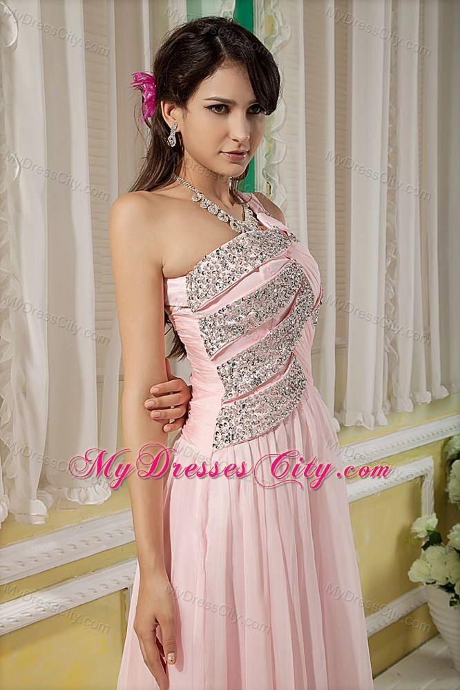 Baby Pink Floor-length Asymmetrical Chiffon Pageant Dress with Beading