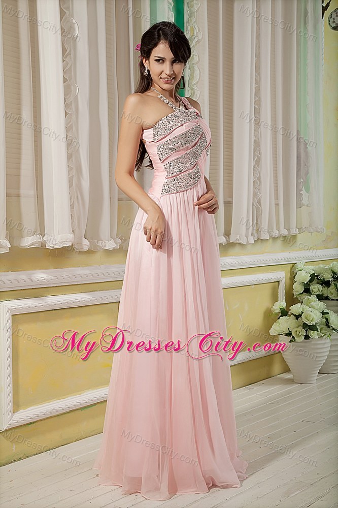 Baby Pink Floor-length Asymmetrical Chiffon Pageant Dress with Beading