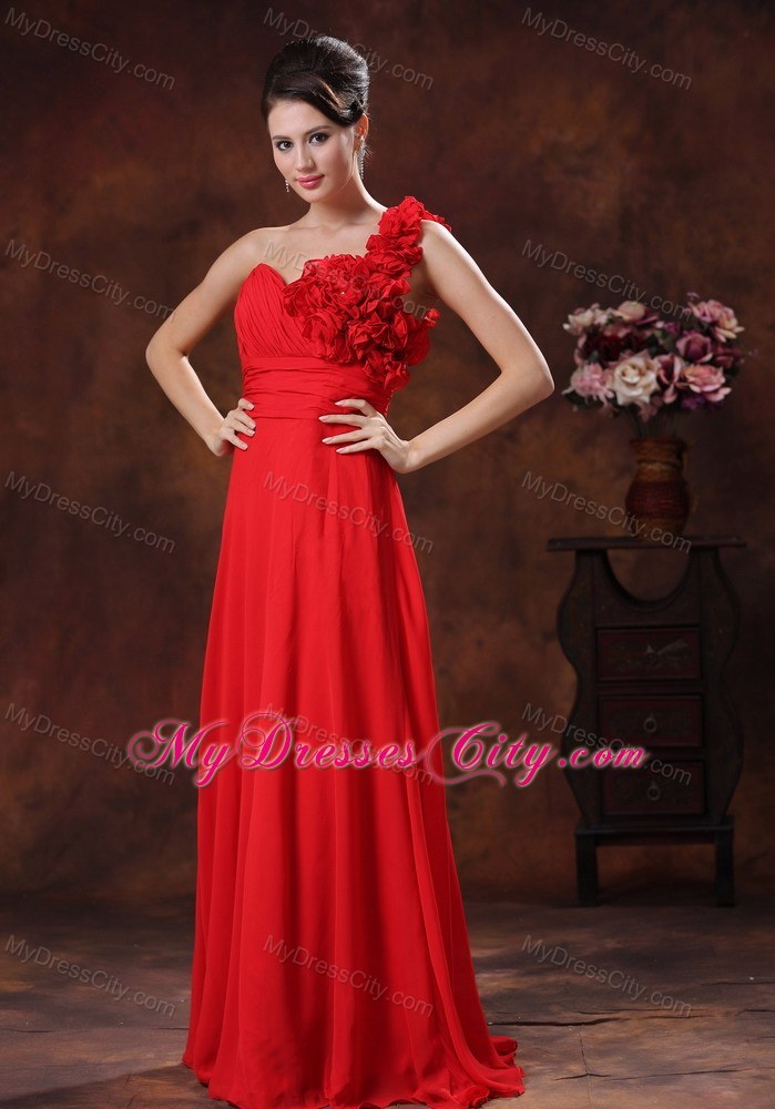 Red Empire One Shoulder Flowery Prom Pageant Dress