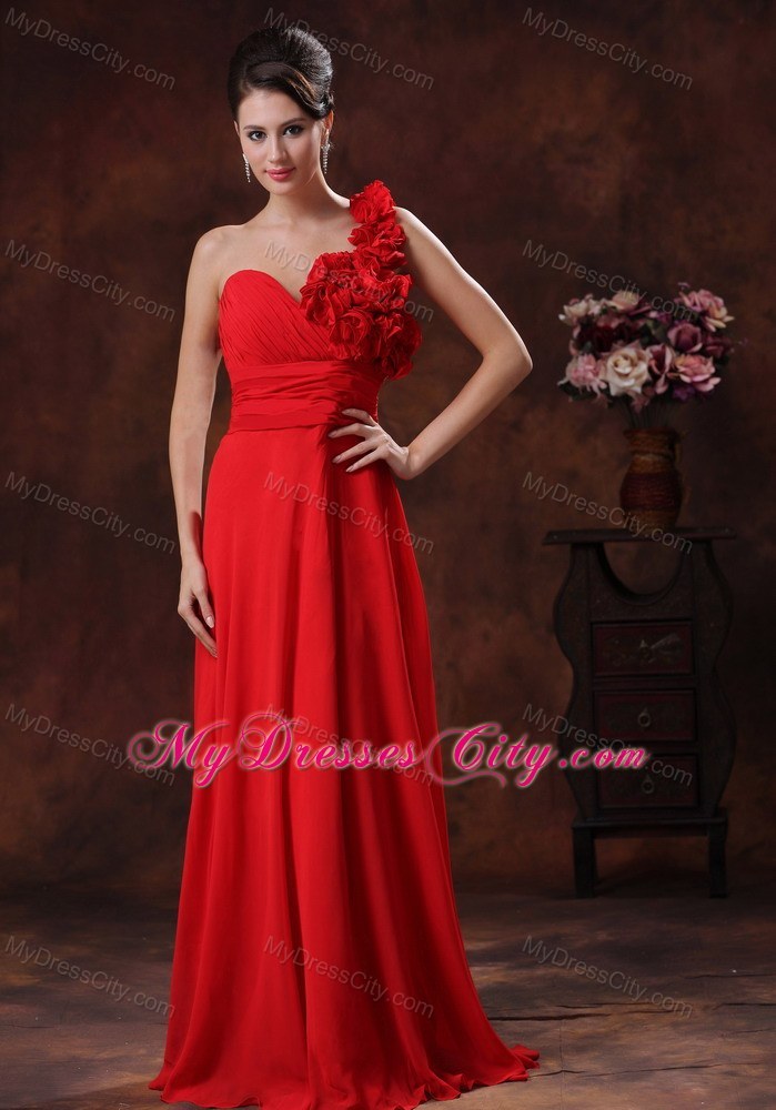 Red Empire One Shoulder Flowery Prom Pageant Dress