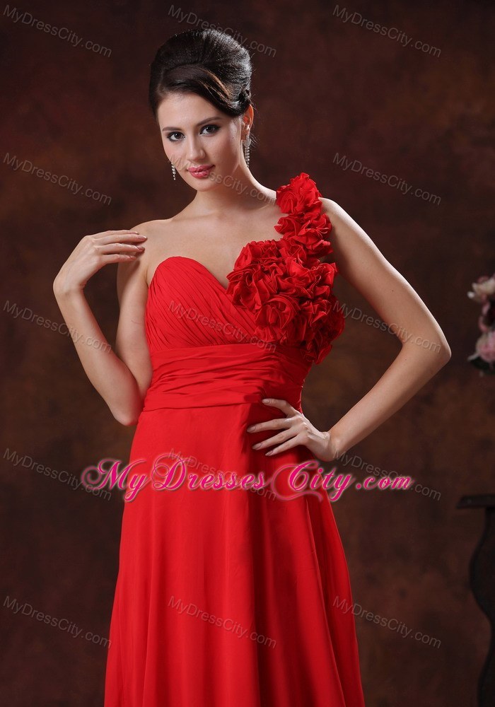 Red Empire One Shoulder Flowery Prom Pageant Dress