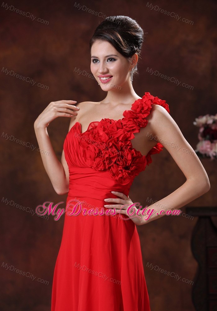 Red Empire One Shoulder Flowery Prom Pageant Dress