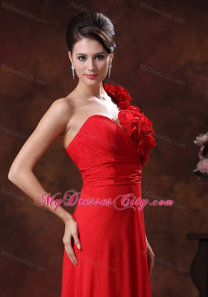 Red Empire One Shoulder Flowery Prom Pageant Dress