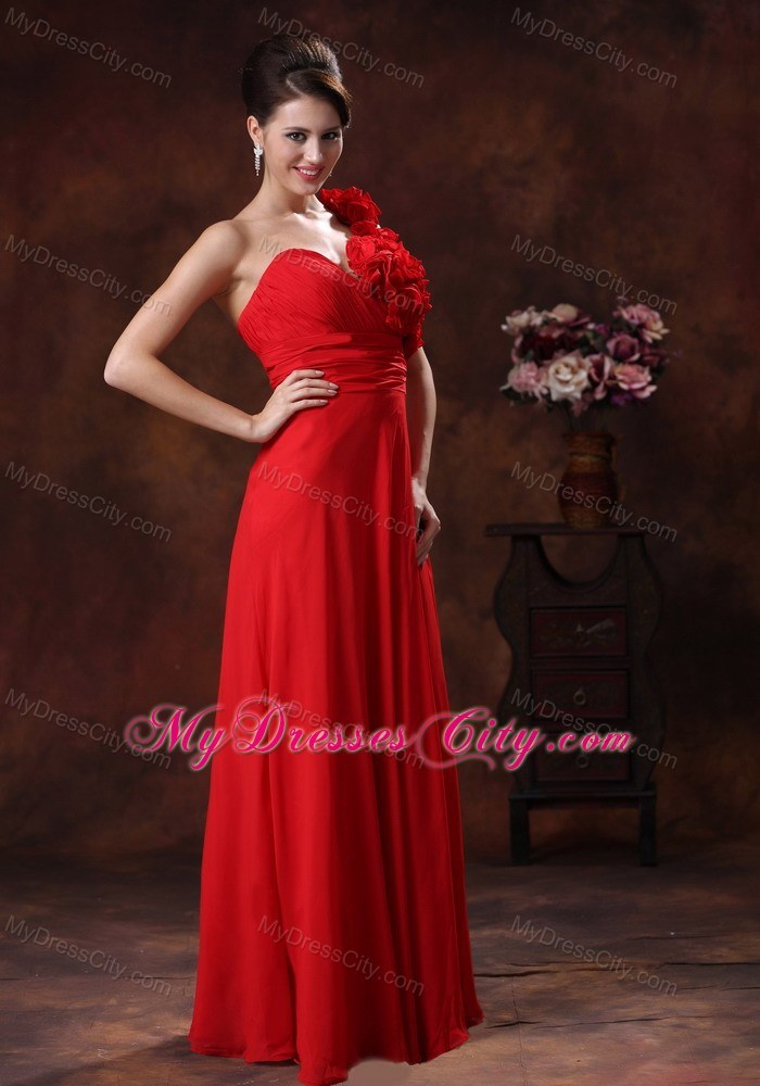 Red Empire One Shoulder Flowery Prom Pageant Dress