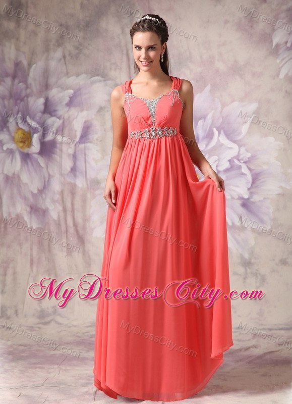 Watermelon Red Chiffon Beaded Pageant Dress with Straps