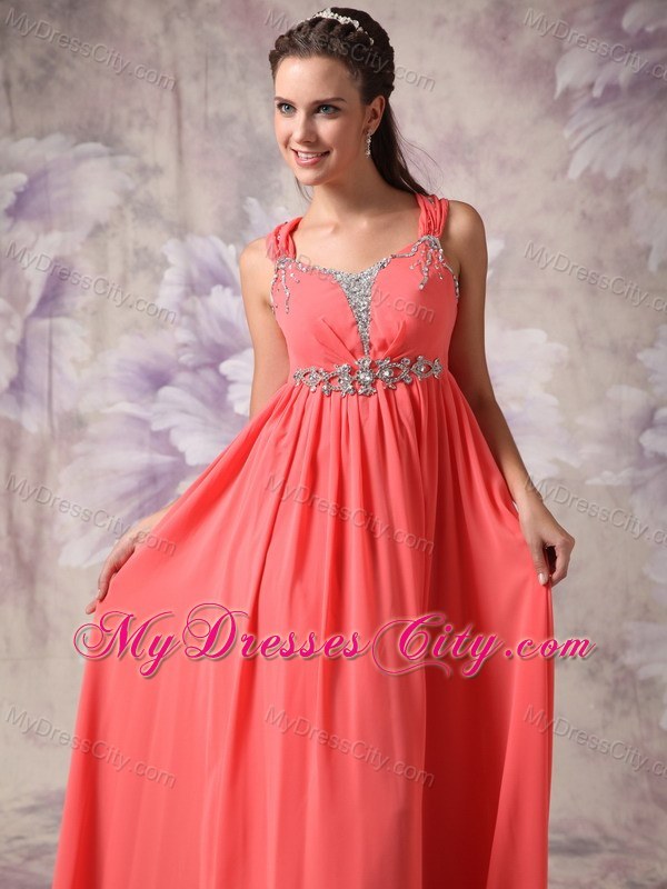 Watermelon Red Chiffon Beaded Pageant Dress with Straps