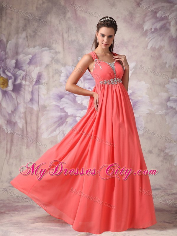 Watermelon Red Chiffon Beaded Pageant Dress with Straps