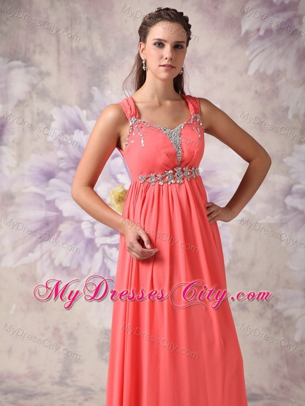 Watermelon Red Chiffon Beaded Pageant Dress with Straps