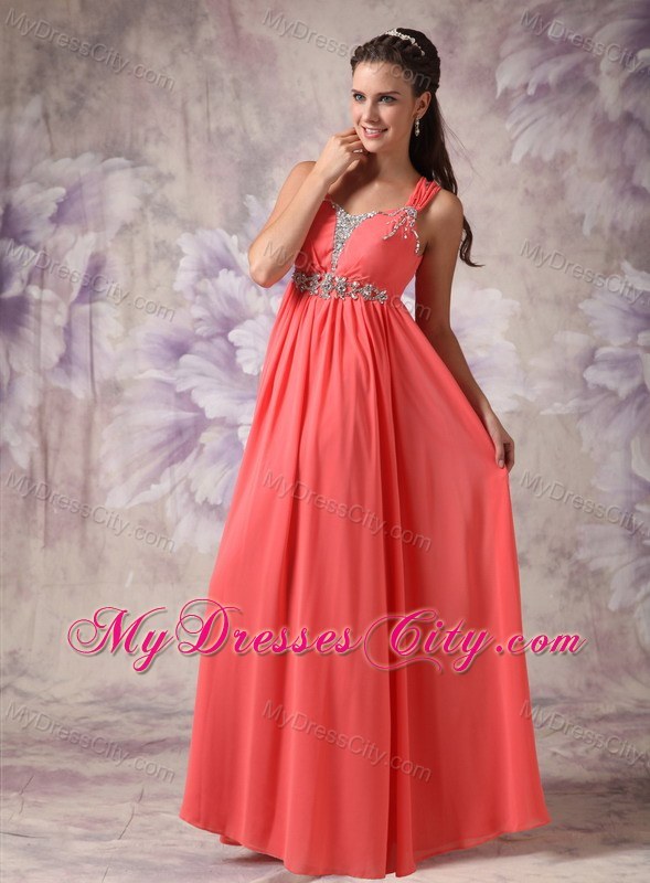 Watermelon Red Chiffon Beaded Pageant Dress with Straps