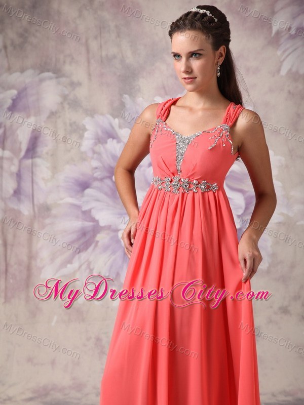 Watermelon Red Chiffon Beaded Pageant Dress with Straps