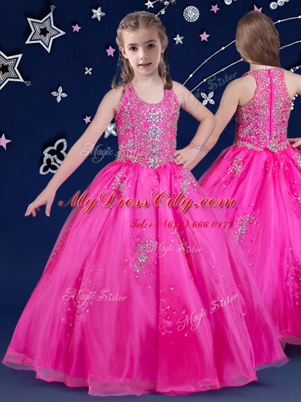 Enchanting Scoop Floor Length Fuchsia Little Girl Pageant Gowns Organza Sleeveless Beading