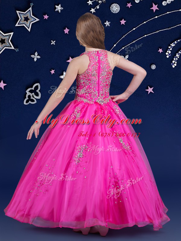 Enchanting Scoop Floor Length Fuchsia Little Girl Pageant Gowns Organza Sleeveless Beading